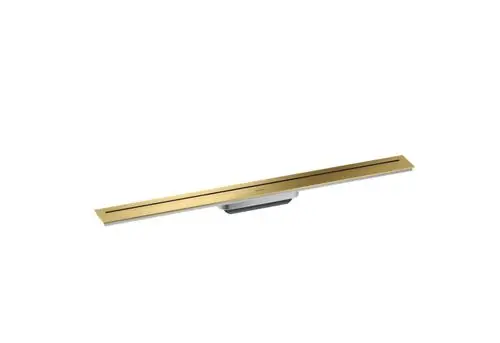Duschrinne mit schmalem, länglichem Design in gebürstetem Messingfinish, hergestellt von AXOR. Das Produkt ist flach und hochwertig gestaltet, geeignet für moderne Badezimmer.